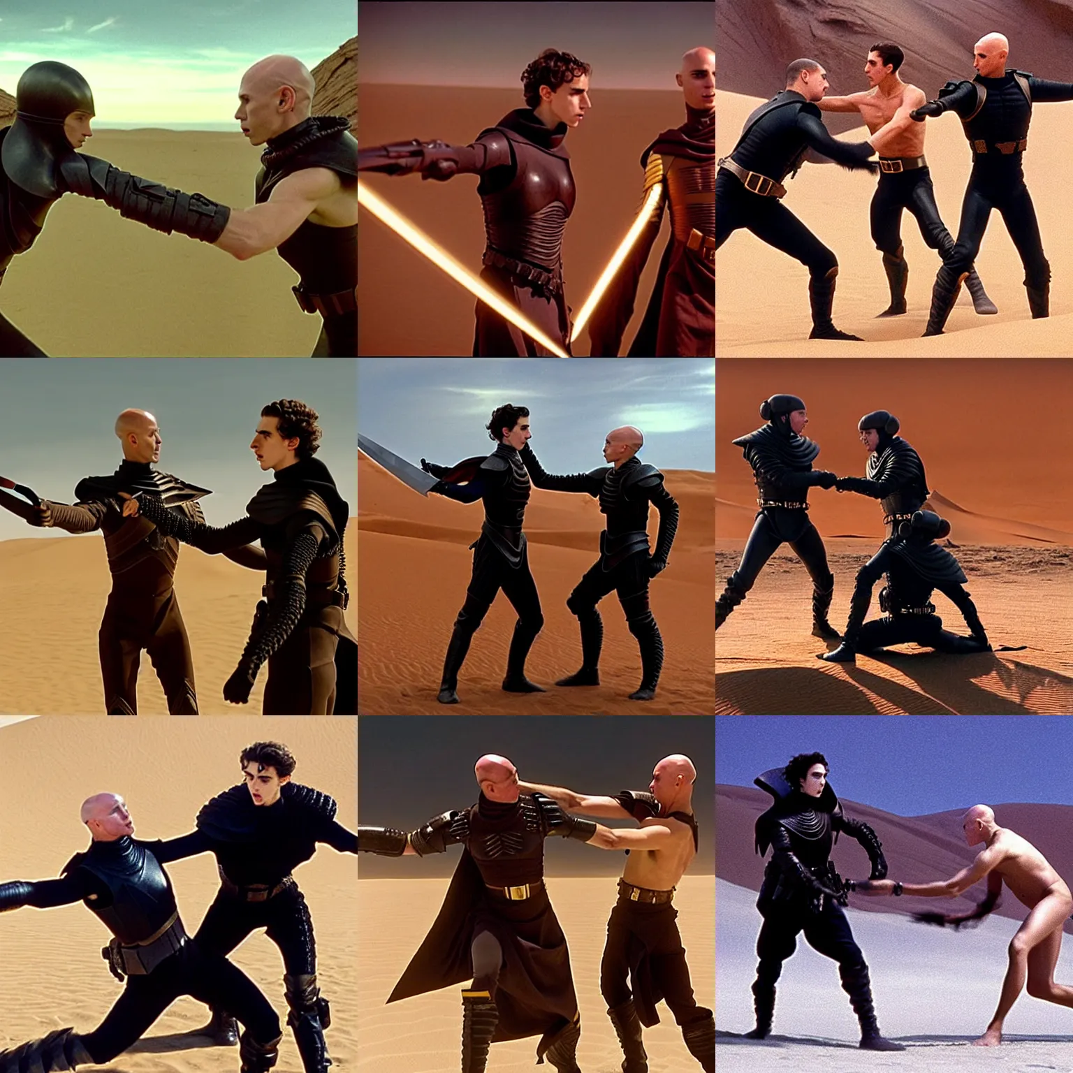 Prompt: choreographed_knife_fight between two people, bald_hairless_Austin_Butler and Timothee_Chalamet_as_Paul_Atreides, in an arena pit, film still from movie Dune-2021, golden ratio