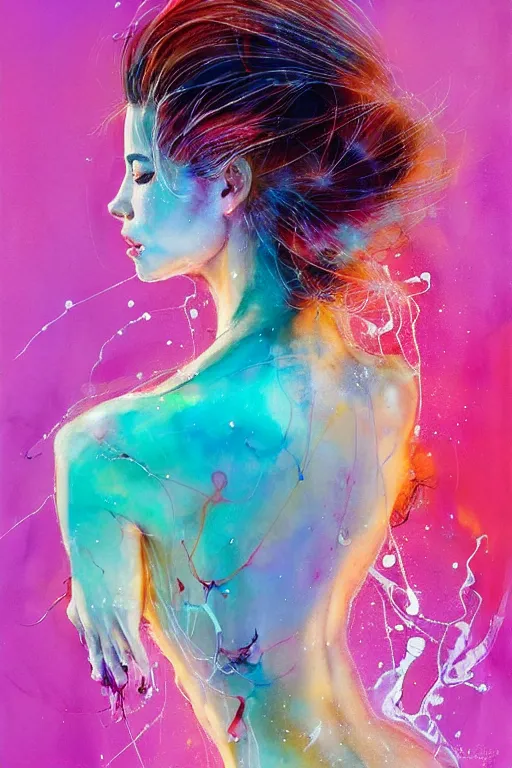 Image similar to sophia vergara by agnes cecile enki bilal moebius, intricated details, 3 / 4 back view, hair styled in a bun, bendover posture, full body portrait, extremely luminous bright design, pastel colours, drips, autumn lights