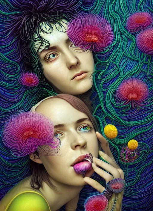 Image similar to hyper detailed 3d render like a Oil painting - Ramona Flowers with wavy black hair wearing thick mascara seen out Eating of the Strangling Suffocating network of colorful yellowcake and aerochrome and milky and Her staring intensely delicate Hands hold of gossamer polyp blossoms bring iridescent fungal flowers whose spores black the foolish stars by Jacek Yerka, Mariusz Lewandowski, silly playful fun face, Houdini algorithmic generative render, Abstract brush strokes, Masterpiece, Edward Hopper and James Gilleard, Zdzislaw Beksinski, Mark Ryden, Wolfgang Lettl, Dan Hiller, hints of Yayoi Kasuma, octane render, 8k