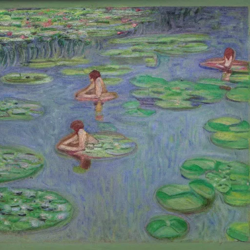 Prompt: the human centipede in the style of monet's the water lily pond