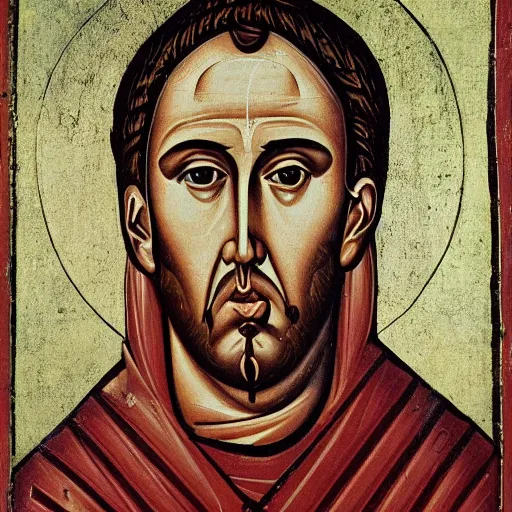 Image similar to A detailed portrait Nicolas Cage, 7th century byzantine iconography, historical