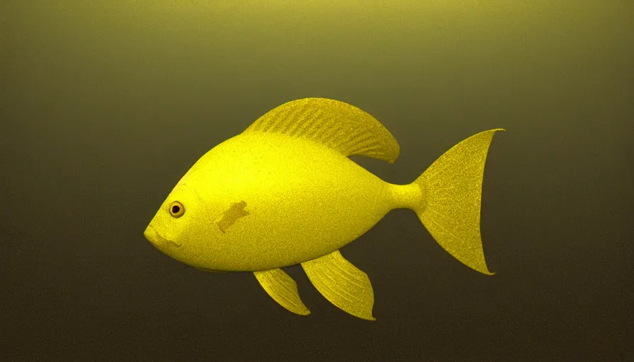 Image similar to a desolate golden glowing fish! swims in magical water with caustics and volumetric lighting, photorealistic painting