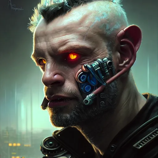 Image similar to portrait painting of a cyberpunk orc medic michael sheen, ultra realistic, concept art, intricate details, eerie, highly detailed, photorealistic, octane render, 8 k, unreal engine. art by artgerm and greg rutkowski and charlie bowater and magali villeneuve and alphonse mucha