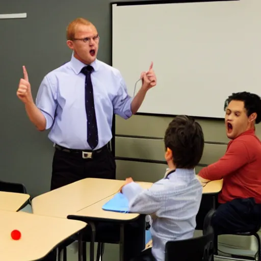 Prompt: Male teacher pointing to schoolboard aggressively, angry face