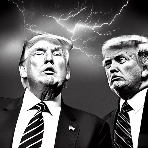 Prompt: donald trump and mike pence lightning battle, dark background, dramatic, award - winning,