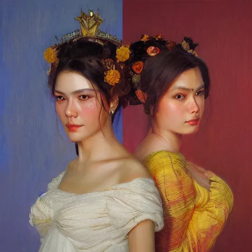 Image similar to Two beautiful queens in illegal marriage, vertical symmetry, warm colors, vintage shading, photorealistic oil painting, by Ilya Repin, artgerm, artstation