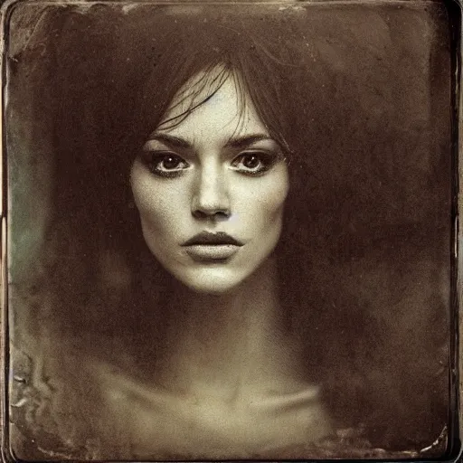 Image similar to old full frame wetplate daguerreotype portrait of a beautiful woman, 3 0 years old, fractal, intricate, elegant, highly detailed, parallax, leica, subsurface scattering, by luis royo and greg rutkowski