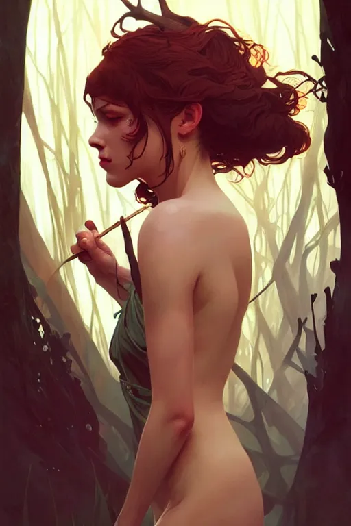 Image similar to a very beautiful savage girl, forest, fantasy, portrait, sharp focus, intricate, elegant, digital painting, artstation, matte, highly detailed, concept art, illustration, ambient lighting, art by ilya kuvshinov, artgerm, alphonse mucha, and greg rutkowski