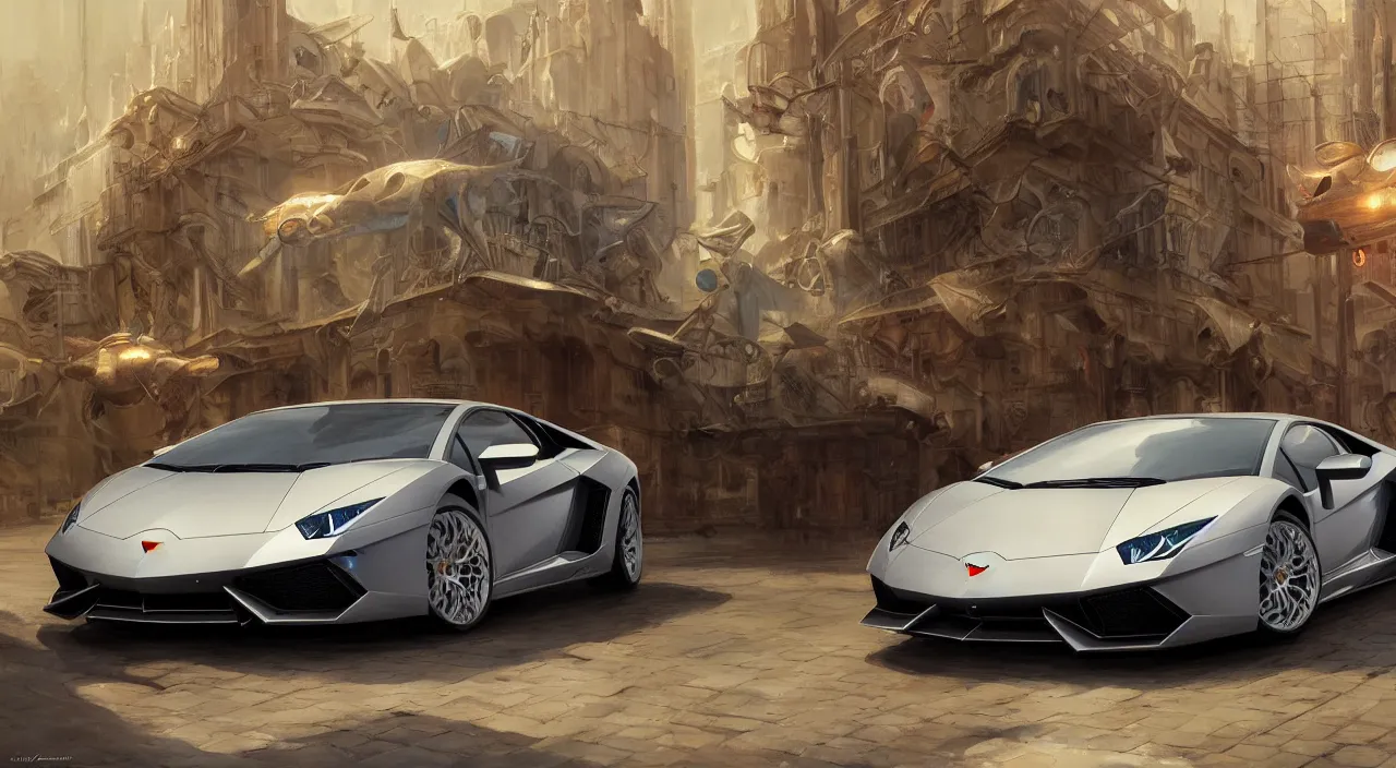 Image similar to Lamborghini, detailed, centered, digital painting, artstation, concept art, donato giancola, Joseph Christian Leyendecker, WLOP, Boris Vallejo, Breathtaking, 8k resolution, extremely detailed, beautiful, establishing shot, artistic, hyperrealistic, beautiful face, octane render, cinematic lighting, dramatic lighting, masterpiece