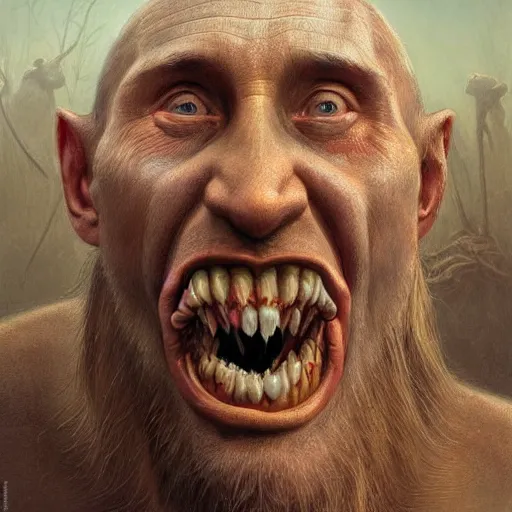 Prompt: vladimir putin, putin is bald prehistoric primate caveman, reptiloid eyes, awe face, toothless, saw teeth, peeling skin, horror macabre face, clown nose, by donato giancola and greg rutkowski and wayne barlow and zdzisław beksinski, realistic face, digital art