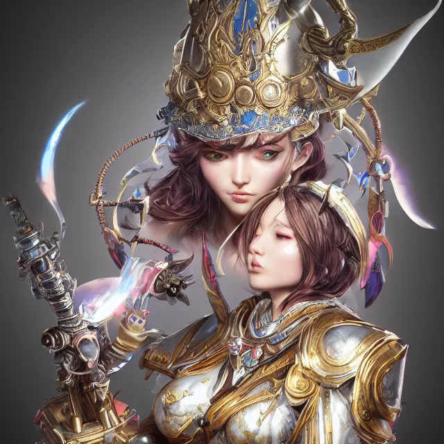 Image similar to studio portrait of lawful good colorful female divine mech paladin as absurdly beautiful, elegant, young sensual gravure idol, ultrafine hyperrealistic detailed face illustration by kim jung gi, irakli nadar, intricate linework, sharp focus, bright colors, matte, octopath traveler, final fantasy, unreal engine highly rendered, global illumination, radiant light, intricate environment