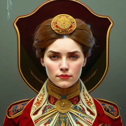 Image similar to a portrait of a female hero of the soviet union, full portrait, decorated with soviet motifs, intricate, elegant, highly detailed, symmetry, headpiece, digital painting, artstation concept art smooth sharp focus, illustration, art by artgerm and greg rutkowski alphonse mucha 8 k