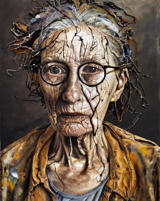 Image similar to a full length portrait of a very ordinary old woman with a blank expression, Anselm Kiefer and Lucian Freud and Jenny Saville, oil painting, rust, Scaffolding, rusted metal and sunflowers, iron cladding, decay, mixed media, textured, anatomically correct, beautiful perfect face, visible brushstrokes, sharp focus, Highly Detailed, Cinematic Lighting, 8k, HD