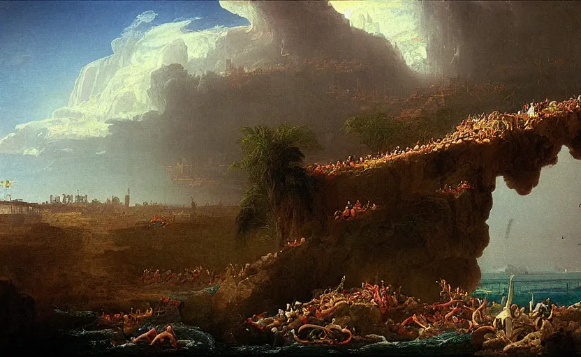 Image similar to “ the fall of dubai, in the style of thomas cole ”