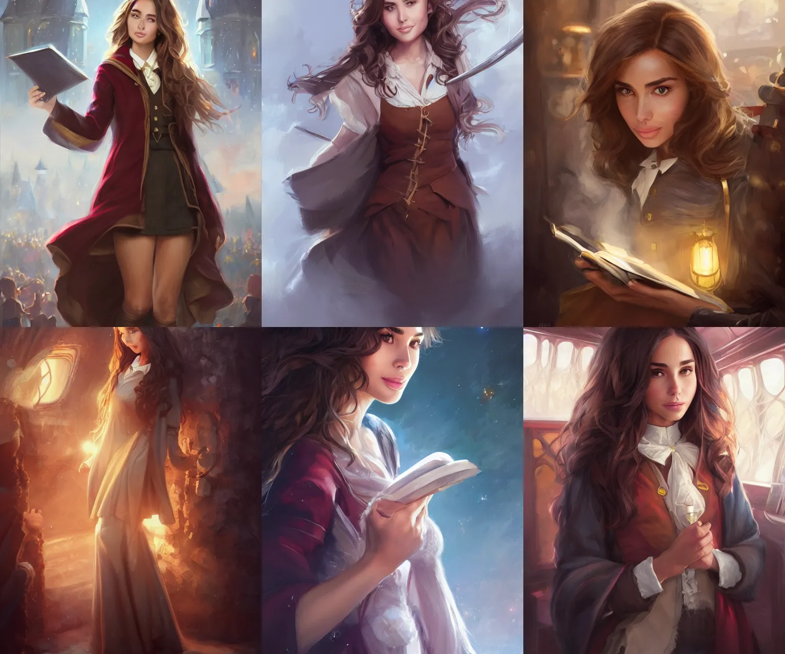 Prompt: Olivia Culpo as hermione on the hogwarts express, digital painting by stanley artgerm lau, WLOP, Rossdraws, Karla Ortiz, James Paick, Charlie Bowater, Krenz Cushart, masterpiece, trending on artstation, cgstudio