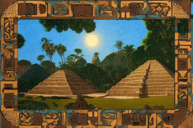Image similar to painting of a the aztec pyramids, jungle, sunset, chill, romantic, by ludwig deutsch and maxfield parrish, patterned tilework, extremely detailed, cinematic lighting, smooth sharp focus