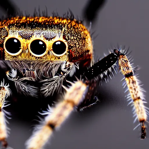 Prompt: macro photography of a jumping spider.