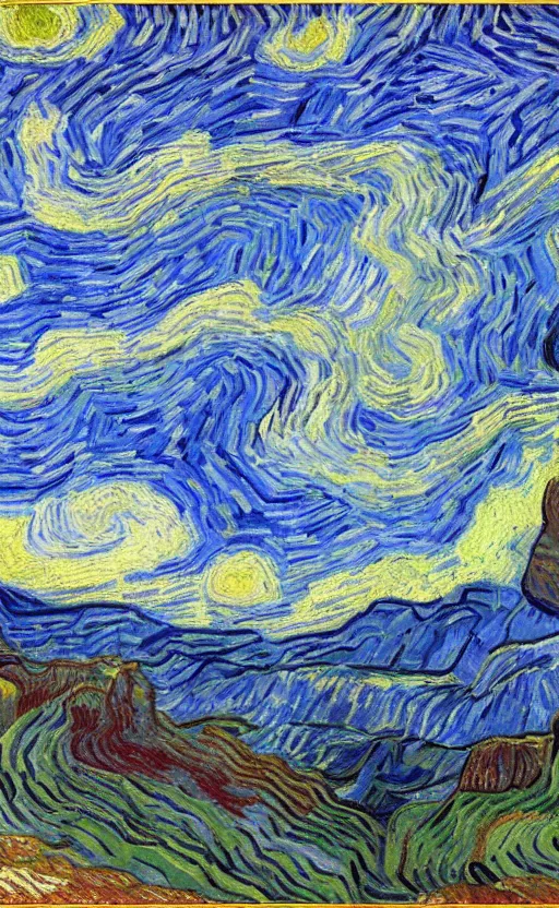 Prompt: a wide vista of canyonlands national park by van gogh, 8 k, highly detailed, masterpiece