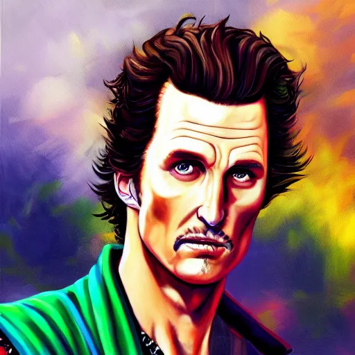 Prompt: detailed painting of Matthew McConaughey as jotaro jojo by Enzo Fernandez, trending on artstation