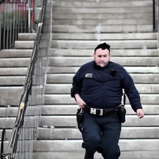 Image similar to clean - shaven chubby chubby chubby 3 2 year old caucasian man from uk. he is wearing navy police sweater and necktie and black boots and police helmet. he is walking up a flight of stairs.