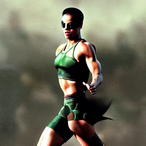 Image similar to Trinity the matrix, Femaile sprinter in athletic attire with cyborg legs, diesel punk, athletic footage, 1980's, olympics, cinematic, art deco