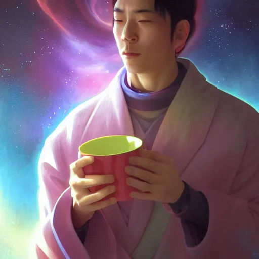 Image similar to A man drinking a cup of cosmic energy bright light by Masafumi Harada, 4k, digital art, surreal, anime style, space dandy style, highly detailed, godsend, artstation, digital painting, concept art, smooth, sharp focus, illustration by Ruan Jia and Mandy Jurgens and William-Adolphe Bouguereau, Artgerm