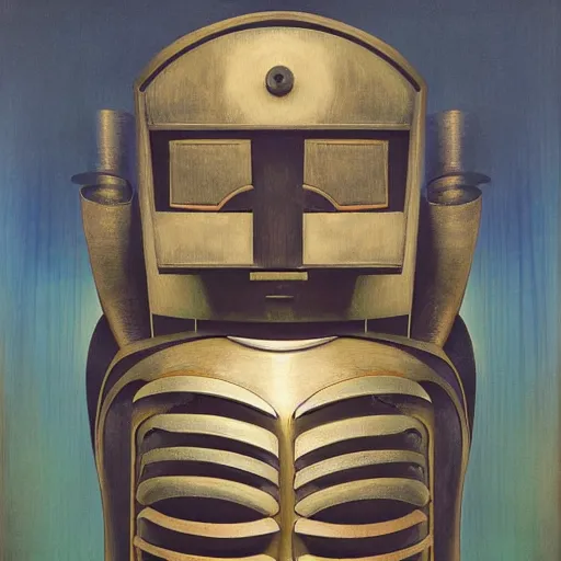 Image similar to the robot wearing her human mask, by christopher kit williams and diego rivera, symbolist, dramatic lighting, elaborate geometric ornament, art brut, god rays, soft cool colors, smooth, sharp focus, extremely detailed