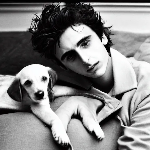 Image similar to timothy chalamet and a puppy, leica s, 5 0 mm lens, kodachrome, 1 9 6 9, shot by platon - h 8 0 4