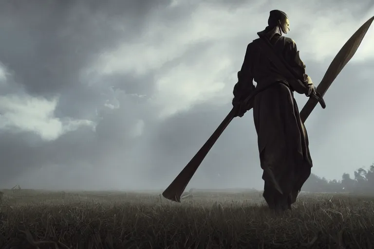 Prompt: concept art, a stage, man with scythe, traditional romanian clothing, dramatic lighting, beautiful, volumetric lighting, colorful, octane render