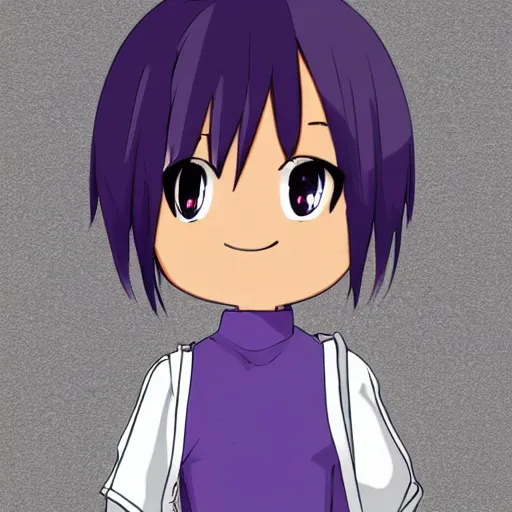 Image similar to a dark skinned anime tomboy with short purple hair