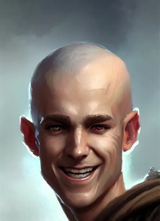 Image similar to a _ fantasy _ style _ portrait _ painting _ of white male short fringe light brown hair short face grinning clean shaven short head, rpg dnd oil _ painting _ unreal _ 5 _ daz. _ rpg _ portrait _ extremely _ detailed _ artgerm _ greg _ rutkowski _ greg