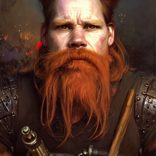 Image similar to highly detailed portrait of a poor smith in the form of a beautiful male dwarf with red beard. d & d. art by donato giancola, eugene delacroix, ruan jia, carl larsson, peter mohrbacher. trending on artstation, intricate details, energetic composition, concept art, illustration, global illuminaition, face of kevin bacon