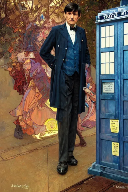 Prompt: The second Doctor standing next to the TARDIS, portrait by Stanley Artgerm Lau, greg rutkowski, thomas kindkade, alphonse mucha, loish, norman Rockwell