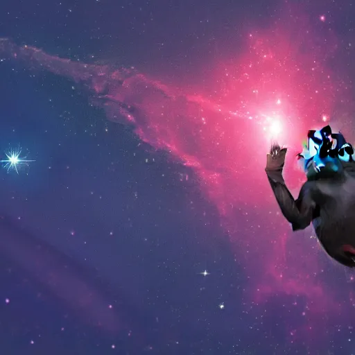 Image similar to a chimpanzee floating through outer space reaching out and touching nebula with it's finger, digital art, 8k