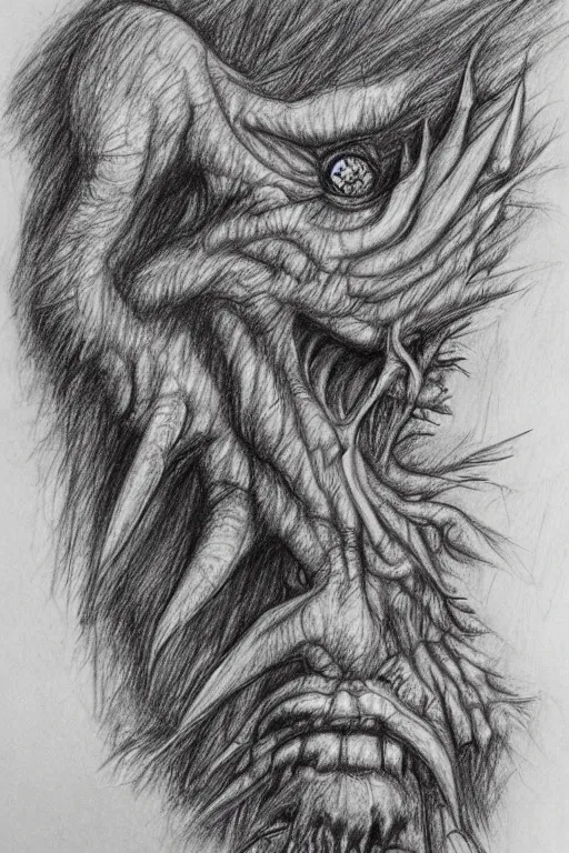 Image similar to the monster that lives under your be, pencil sketch