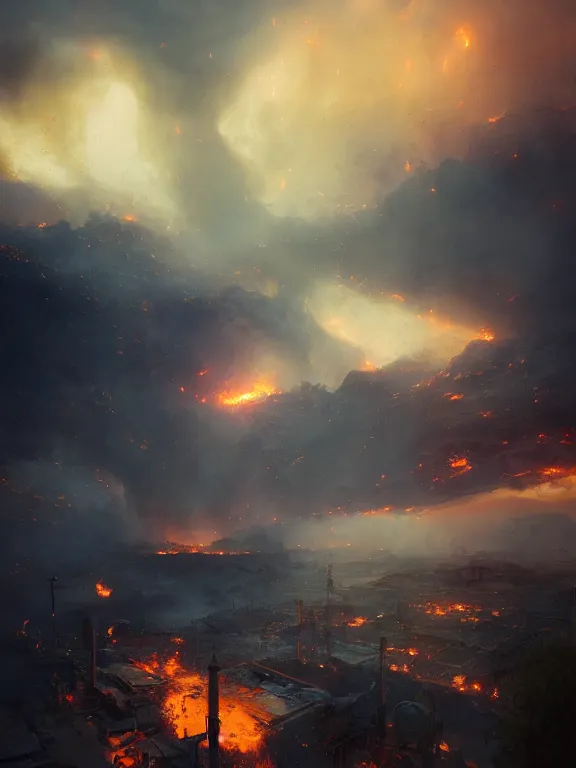 Prompt: photo of 8k ultra realistic oilfield on fire, ,heavy clouds, smoke, full of colour, cinematic lighting, battered, trending on artstation, 4k, hyperrealistic, focused, extreme details,unreal engine 5, cinematic, masterpiece, art by Peter Mohrbacher