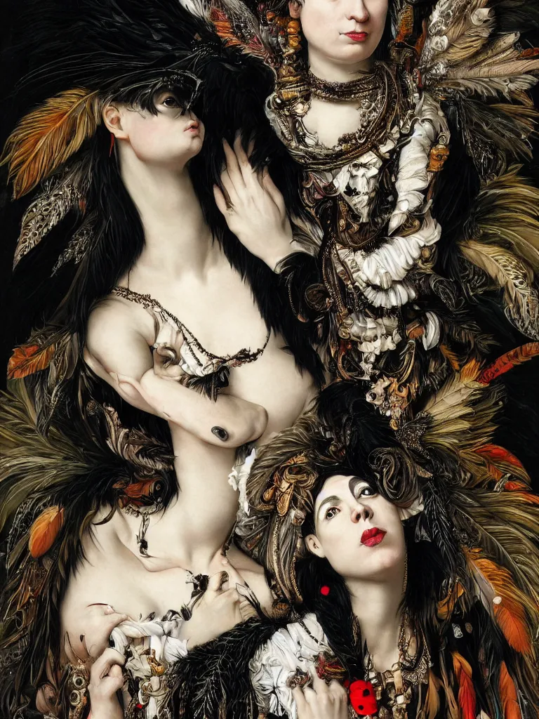 Image similar to Detailed maximalist portrait with stunning jet-black skin, white beautiful eyes, a mouth like PJ Harvey, feathers and milk, HD mixed media, 3D collage, highly detailed and intricate, surreal illustration in the style of Caravaggio, dark art, baroque