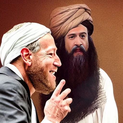 Image similar to 4 k portrait sony a 7 f 2. 8 of mark zuckerberg as a taliban leader kissing president joe biden as a taliban leader