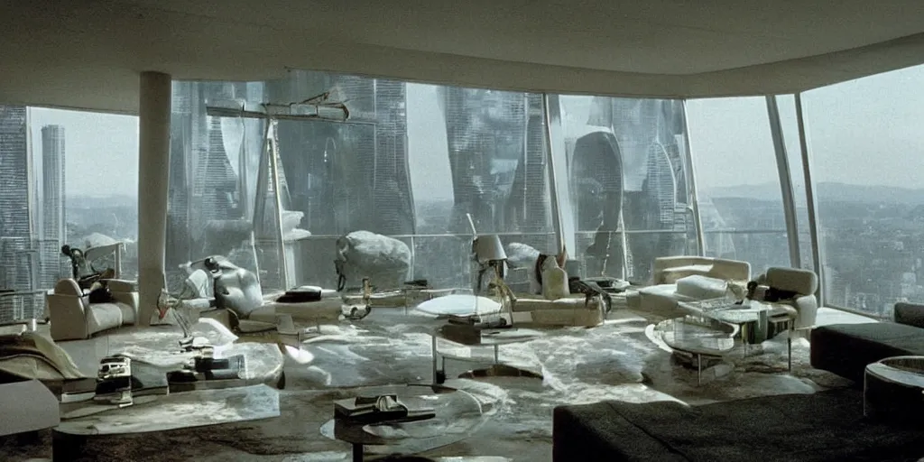 Image similar to a luxury apartment with large windows, 1 9 8 0 s science fiction, windows overlooking a salt crystal jungle landscape, sci - fi film still, screenshot from a science fiction movie, ridley scott,