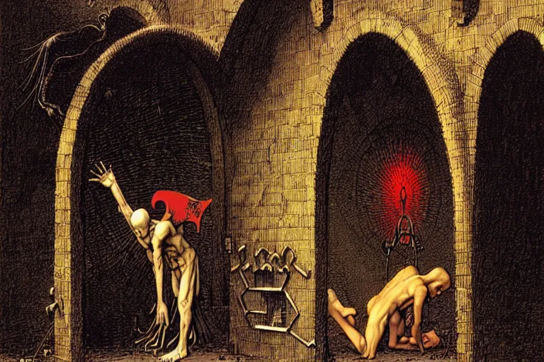 Prompt: fallen angel begs to enter the gates of hell by les edwards and moebius and hieronymus bosch