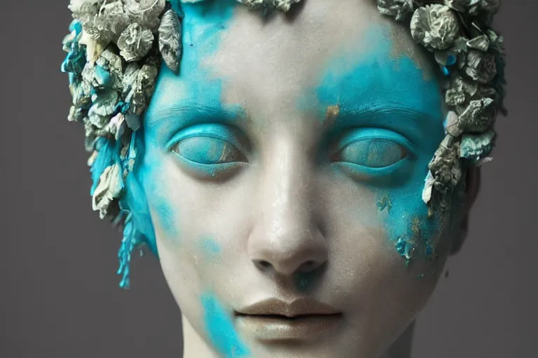 Image similar to a sculpture of a beautiful woman with flowing tears, turquoise and beige fractal flowers on the skin, intricate, a marble sculpture by nicola samori, behance, neo - expressionism, marble sculpture, made of mist, still frame from the prometheus movie by ridley scott with cinematogrophy of christopher doyle, arri alexa, 8 k