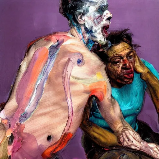 Prompt: high quality high detail painting of a man in agony by lucian freud and jenny saville and francis bacon and malcom liepke and nicola samori, hd, anxiety, seated with friend in a living room crying and screaming, turquoise and purple and orange and pink, dark atmosphere