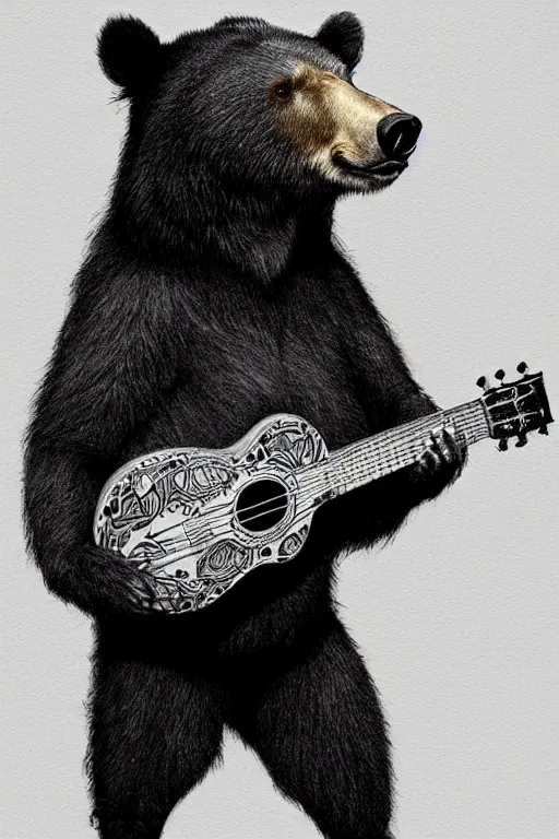 Prompt: realistic bear playing triangular body of ukulele, realistic portrait, symmetrical, highly detailed, digital painting, artstation, concept art, smooth, sharp focus, illustration, cinematic lighting, art by artgerm and greg rutkowski and alphonse mucha