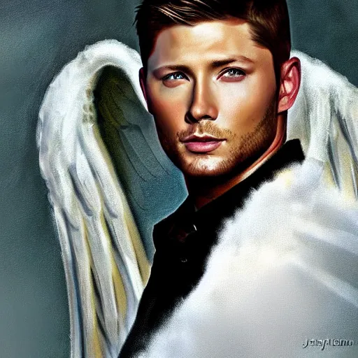 Image similar to Stunning portrait of handsome Jensen Ackles as an angel, in the style of norman rockwell, digital art