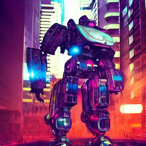 Prompt: Picasso vfx movie cyberpunk aesthetic the band JONSK album holographic cover art of a giant mech warrior. 3D octane