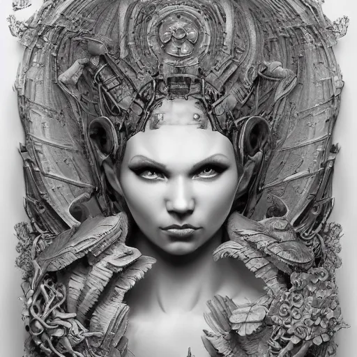 Prompt: a portrait of a feminine cyborg nymph - machina carved from stone - by tony diterlizzi, ilford hp 5, 5 5 mm, hyper realistic, super detailed by artgerm, tomasz alen kopera, peter mohrbacher, hyper - goth, horror - core, joseph christian leyendecker and h. r