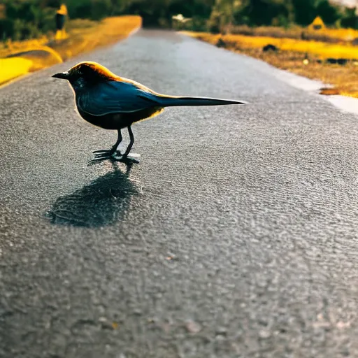 Prompt: a bird drinking water on the road