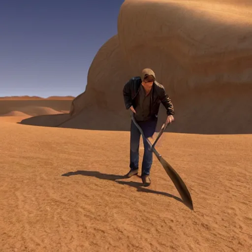 Prompt: tom cruise digging a giant hole with a shovel in a desert, photorealistic, unreal engine