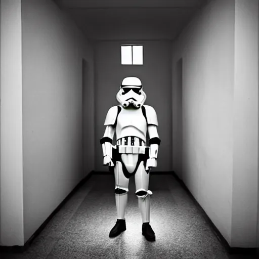 Image similar to an amazing award winning photo of a stormtrooper standing in a room in an asylum
