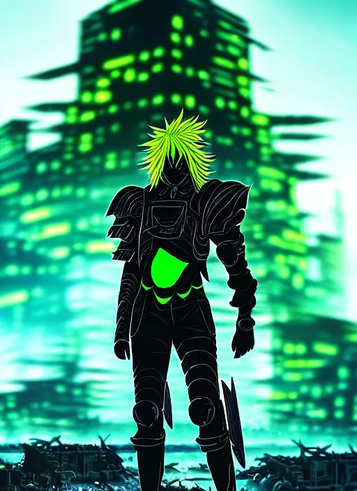 Image similar to a striking cinematic full body manga portrait of a male warrior with long blonde hair and blue eyes wearing evil green spiked cyberpunk armour and standing in the desolate burning ruins of a futuristic city by hirohiko araki and beeple, fine details, digital art, character concept art, volumetric lighting, cinematic light, photorealistic